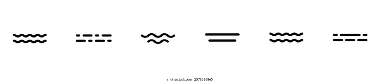 Water wave line icons. Flowing river water and sea wave marks, outline liquid elements and swirl marks for logo design. Vector Illustration. EPS 10