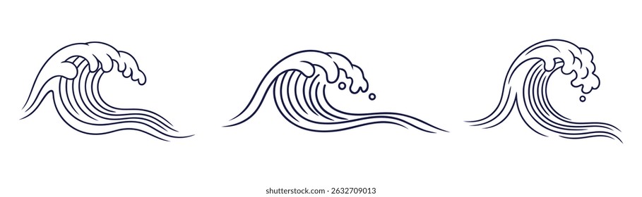 Linha de onda de água. Ícones de ondas fluindo no mar. Contorno decorativo de curling e redemoinho rio líquido. Ziguezague horizontal mar e elementos de água do oceano isolados no fundo branco conjunto de vetores
