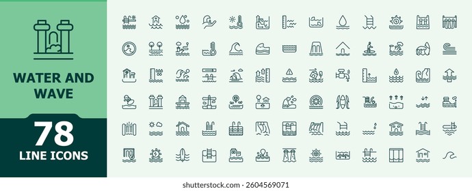 Water And Wave linear icon collection. Featuring liquid, water, surf, sea, ocean, aqua and more. Trendy minimal icons. H2o modern icon set. Editable stroke collections.