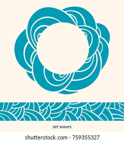 Water Wave Logo abstract design. Cosmetics Surf Sport Logotype concept. Round frame, aqua icon and banner.