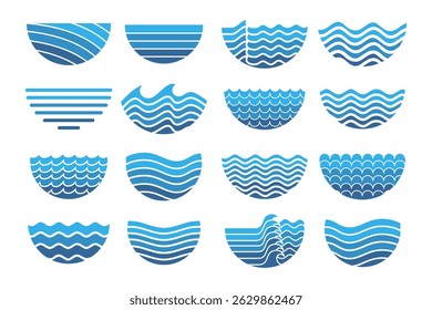 Design do logotipo da onda de água. Coleção de formas de onda. Conjunto do logotipo da onda do mar em azul . ilustração do vetor