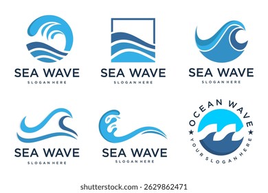 Water wave logo design. Wave shapes collection. Set of sea wave logo in blue . vector illustration