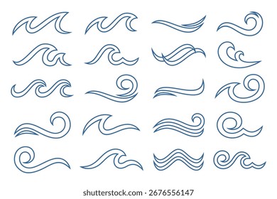 Design do logotipo da onda de água. Coleção de formas de onda. Conjunto do logotipo da onda do mar em azul . ilustração do vetor