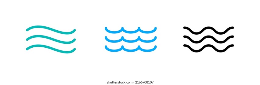 Conjunto de vectores de iconos de la onda de agua. Línea de ola de agua marina de verano playa simple icono de surf