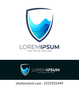 Water wave logo with shield design vector, blue color, ocean