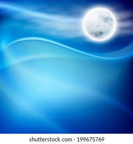 Water wave at night with full moon. EPS10 vector.