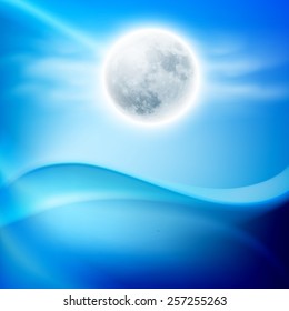 Water wave at night with full moon. EPS10 vector.