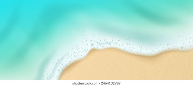 Wasserwelle auf Meersand Strand 3D Draufsicht Vektorgrafik. Realistisches Ozeanküstenmuster mit weißem Schaum und Blase auf goldener Oberfläche. Tropische Sommerferien Luftaufnahmen Banner Design. Abstrakte Reisedarstellung