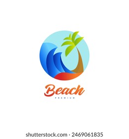 water wave and palm tree vector illustration for beach logo design