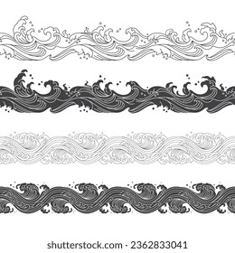 water wave ripple shape oriental outline and silhouette retro ornament vector illustration seamless pattern set