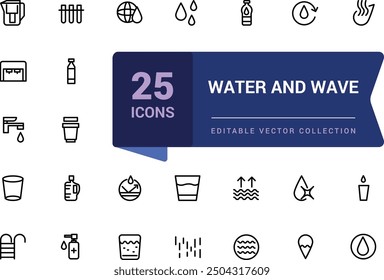 Water and wave, sea wave icon set. Pixel perfect, minimalistic web and UI icon. Outline icon collections. Editable vector illustration.