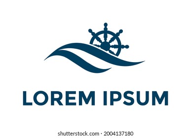 Water Wave Sea Ocean with Steer Wheel for Nautical Marine Transportation Logo Design Vector