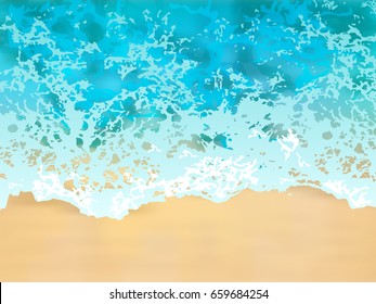 Water wave and sea sand. Ocean tropical beach coast scene. Top view. Vector Background. Summer time wallpaper