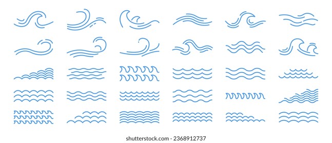 Water wave, sea wave set. Zigzag line. Water logo, symbol vector collection.