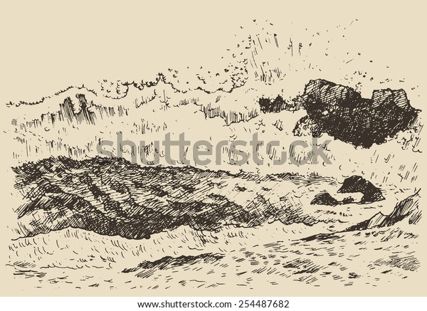 Water wave in the sea, vintage engraved\
illustration, hand drawn,\
sketch