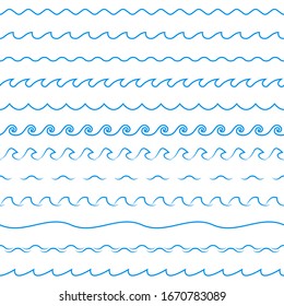 Water wave set. Line waves seamless pattern collection. Sea and Ocean graphic design. Vector illustration.