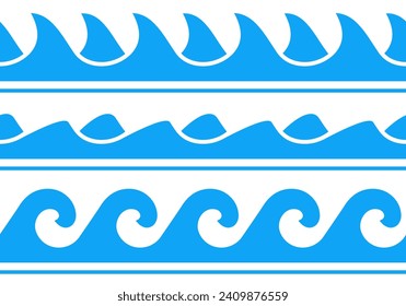 Water wave set. Seamless line waves pattern. Sea, ocean symbol. Vector illustration.