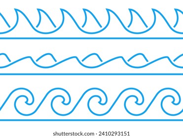 Water wave set. Seamless line waves pattern. Sea, ocean symbol. Vector illustration.