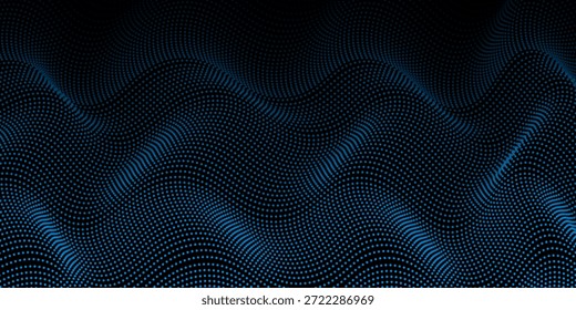water wave shape on black background, Flowing dot particle light wave pattern, blue and black gradient halftone. Vector in technology, science, music, modern art.