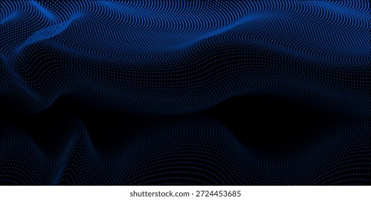 water wave shape on black background, Flowing dot particle light wave pattern, blue and black gradient halftone. vector modern