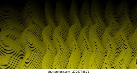 forma de onda de água em plano de fundo preto, Fluxo padrão de onda de luz de partícula de ponto, meio-tom gradiente amarelo e preto. Vetor em tecnologia, ciência, música, arte moderna.