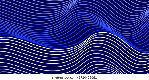 forma de onda de água em fundo azul, Fluxo padrão de onda de luz de partícula de ponto, meio-tom gradiente azul e branco. Vetor em tecnologia, ciência, música, arte moderna.