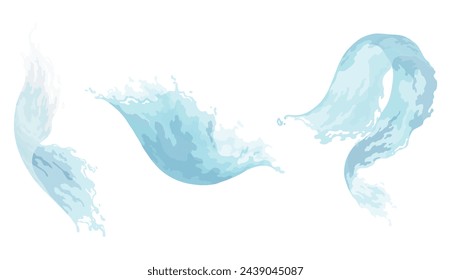 Water wave splash, dynamic motion elements. Aqua liquid, hydration ad. Blue water wave swirl splashes. Vector cartoon illustration