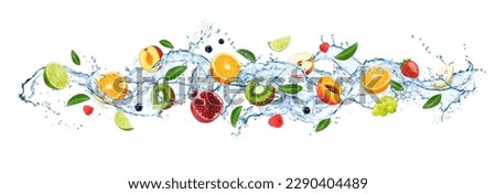 Water wave splash with fruits of juice drink, vector realistic 3D background. Ice tea juicy cocktail and tropical lemonade drink of orange, apple, peach or lemon and strawberry in water wave splash