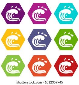 Water wave splash icon set many color hexahedron isolated on white vector illustration