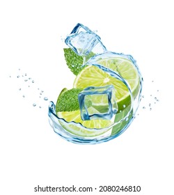 Ola de agua salpicada con cal, cubos de hielo y hojas de menta. Mojito vectorial 3d bebe giratorio con trozos de lima, gotas de agua y bloques congelados. Flujo líquido realista, té, bebida refrescante de cóctel