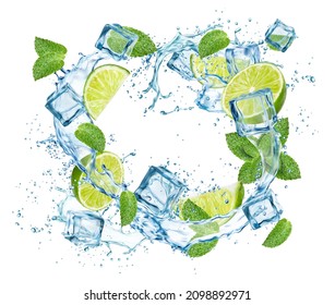 Water wave splash with lime, leaves and ice cubes. Mojito cocktail, lemonade drink. Vector 3d fresh lime and mint drink. Isolated frame with realistic frozen blocks, water and fruit pieces