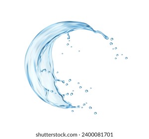 Water wave splash. Liquid transparent blue flow swirl. Mineral beverage, clean water or aqua realistic vector splash drips, transparent liquid isolated 3d whirl splatters and ripples frozen motion