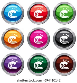 Water wave splash set icon isolated on white. 9 icon collection vector illustration