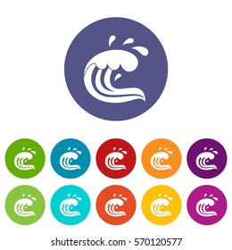 Water wave splash set icons in different colors isolated on white background