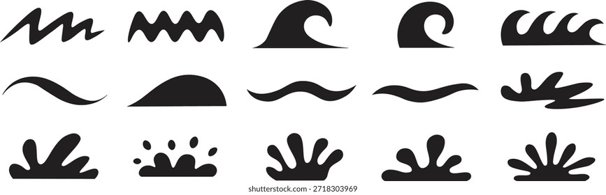 Conjunto de Vector de la silueta de la onda y del chapoteo del agua. Iconos de la onda, Formas líquidas de la salpicadura Colección