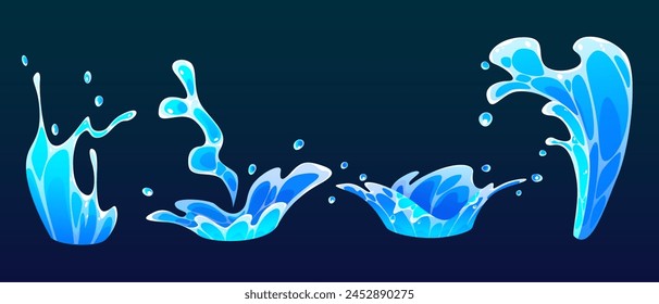 Salpicaduras de la onda de agua aisladas en el fondo. Ilustración de dibujos animados de Vector de mar azul, derrame de líquido oceánico con gotas, efecto de movimiento de surf, arroyo fuente, Elementos de diseño de aventura de natación