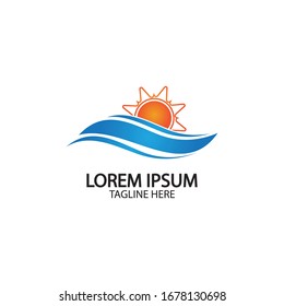 Logo de diseño de ilustraciones vectoriales de ondas de agua y iconos de sol