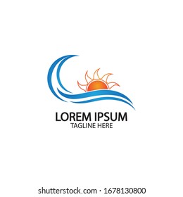 Logo de diseño de ilustraciones vectoriales de ondas de agua y iconos de sol