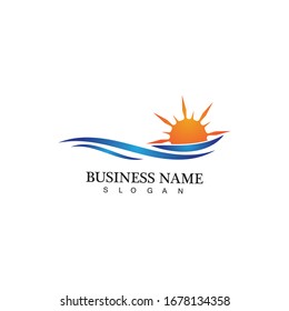 Logo de diseño de ilustraciones vectoriales de ondas de agua y iconos de sol