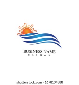 Vektorillustration-Design-Logo für Wasserwelle und Sonne