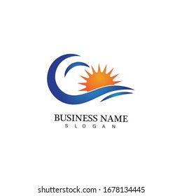 Logo de diseño de ilustraciones vectoriales de ondas de agua y iconos de sol