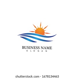 Vektorillustration-Design-Logo für Wasserwelle und Sonne