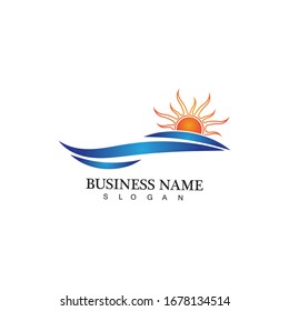 Vektorillustration-Design-Logo für Wasserwelle und Sonne
