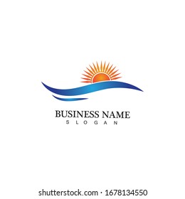 Logo de diseño de ilustraciones vectoriales de ondas de agua y iconos de sol