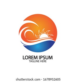 Vektorillustration-Design-Logo für Wasserwelle und Sonne