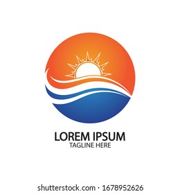 Logo de diseño de ilustraciones vectoriales de ondas de agua y iconos de sol
