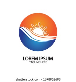 Logo de diseño de ilustraciones vectoriales de ondas de agua y iconos de sol