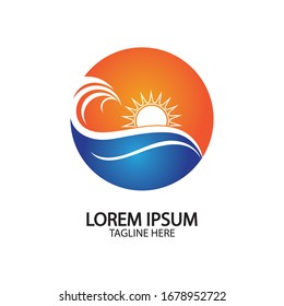 Logo de diseño de ilustraciones vectoriales de ondas de agua y iconos de sol