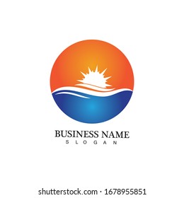 Logo de diseño de ilustraciones vectoriales de ondas de agua y iconos de sol