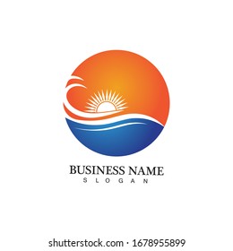 Logo de diseño de ilustraciones vectoriales de ondas de agua y iconos de sol